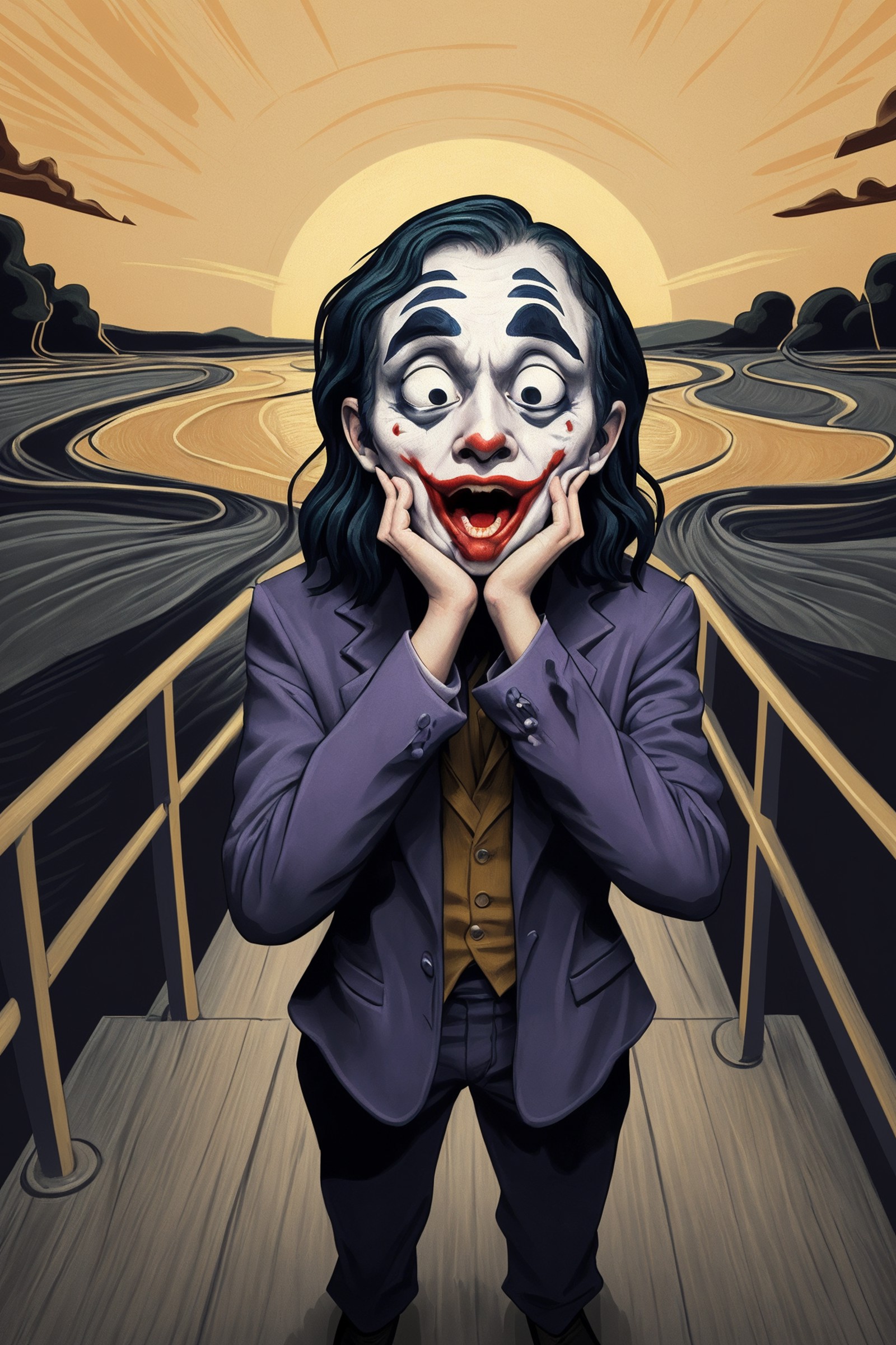 masterpiece,best quality,Ultra HD,extremely detailed cg,flat 2d vector art,
Joker\(character\) in the picture "the scream"...